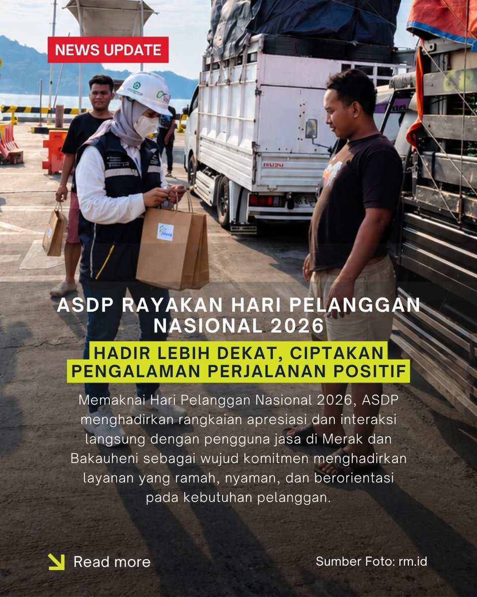 tariaulya28's tweet photo. Apresiasi Sederhana, Makna untuk Pelanggan

Bagi ASDP, memberikan pengalaman positif kepada pelanggan bisa dimulai dari hal sederhana: menyapa, mendengarkan, dan memberikan apresiasi. Rangkaian kegiatan Hari Pelanggan Nasional 2026 menjadi salah satu cara ASDP membangun interaksi https://t.co/mqsWOMlGGM