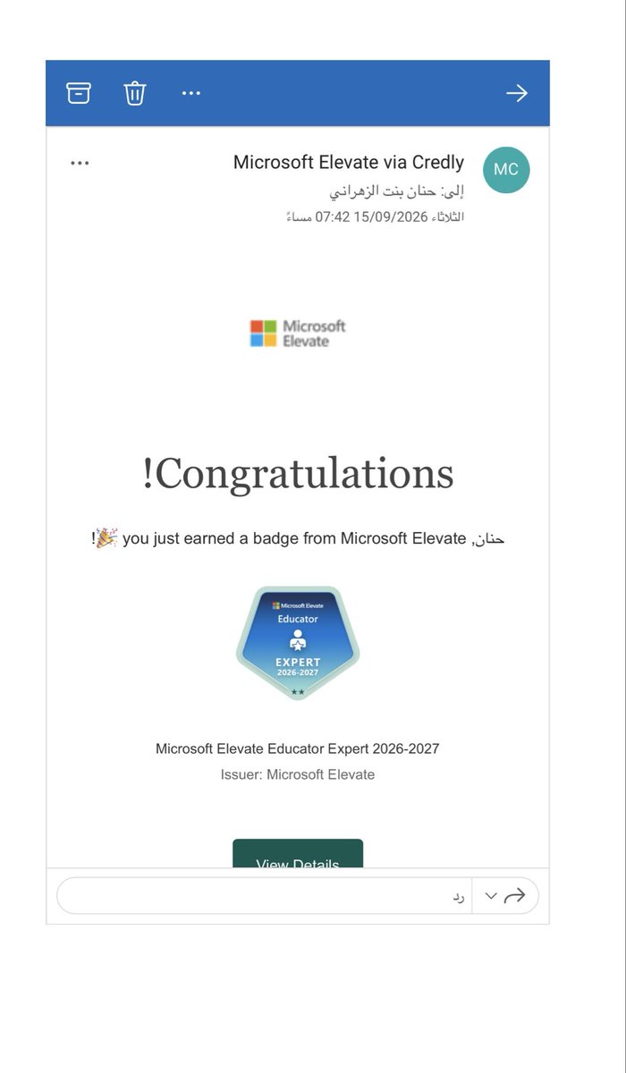 HananEduSA's tweet photo. الحمدلله على التمام 

حصلت على شارة عالمية بصفتي خبيرة Microsoft Elevate التعليمية للعام 2026–2027، الصادرة عن Microsoft Elevate والموثقة رقميًا عبر منصة Credly.

وهي اعتماد مهني دولي ضمن برنامج مايكروسوفت للخبراء التربويين https://t.co/uPWxpTm6Q1