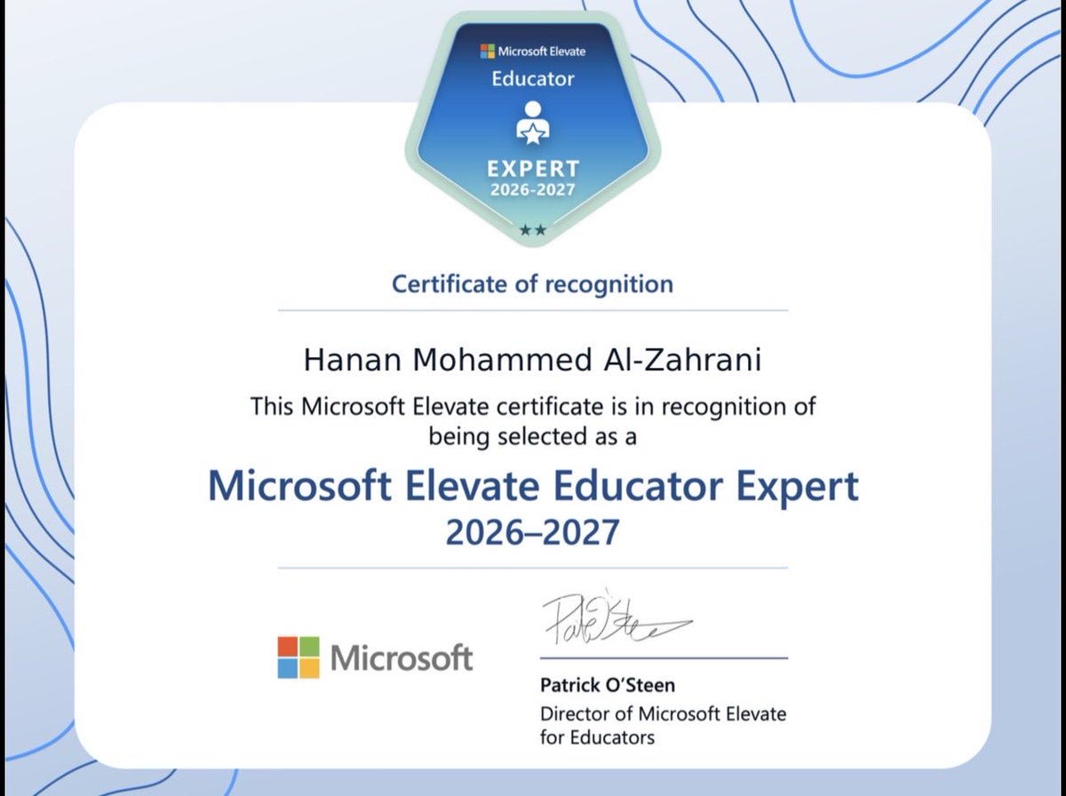 HananEduSA's tweet photo. الحمدلله على التمام 

حصلت على شارة عالمية بصفتي خبيرة Microsoft Elevate التعليمية للعام 2026–2027، الصادرة عن Microsoft Elevate والموثقة رقميًا عبر منصة Credly.

وهي اعتماد مهني دولي ضمن برنامج مايكروسوفت للخبراء التربويين https://t.co/uPWxpTm6Q1