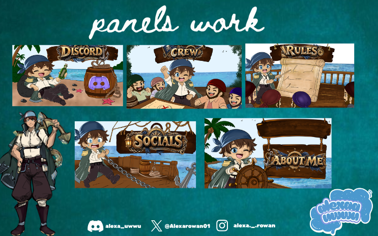 Alexarowan01's tweet photo. ⚓ Captain Lex Corsair has entered the waters! 🏴‍☠️

Custom Twitch panels made for the captain 
Ready to sail the seas and take over the stream!
#VTuber #VtuberArt #Twitch #TwitchPanels #Streamer #ArtCommission #PirateVTuber https://t.co/jhpEIHrHmP