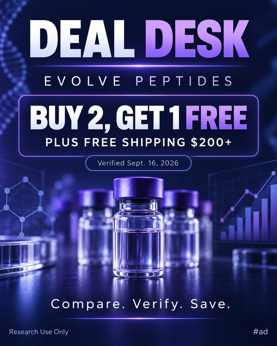 PeptideComp's tweet photo. #ad SAVINGS WATCH: Evolve Peptides is displaying Buy 2, Get 1 Free plus free shipping over $200. Verify the current cart: https://t.co/tM3RhyiiFo Research Use Only. Terms may change or not stack. #PeptideComp https://t.co/4j1uh6w7pF