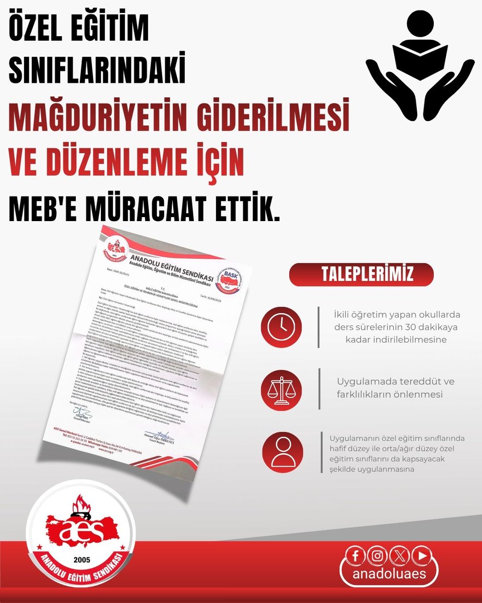 anadoluaes's tweet photo. ÖZEL EĞİTİM SINIFLARINDAKİ MAĞDURİYETİN GİDERİLMESİ VE DÜZENLEME YAPILMASI İÇİN MEB'E MÜRACAAT ETTİK!

İkili öğretim yapan okullarda ders sürelerinin 30 dakikaya kadar indirilebilmesine ilişkin uygulamada, özel eğitim sınıflarının durumunun açıkça belirtilmemesi nedeniyle farklı yorum ve uygulamalar ortaya çıkmaktadır.

Anadolu Eğitim Sendikası olarak MEB Özel Eğitim ve Rehberlik Hizmetleri Genel Müdürlüğüne yaptığımız müracaatta; özel eğitim sınıflarının da 30 dakikaya kadar ders süresi uygulamasından yararlandırılmasını, hafif düzey ile orta/ağır düzey özel eğitim sınıfları için usul ve esasların açıkça belirlenmesini ve ders başlangıç-bitiş ile teneffüs sürelerine ilişkin tereddütlerin giderilmesini talep ettik.

Ayrıca ülke genelinde uygulama birliğinin sağlanmasını, öğrenci ve öğretmenlerin mağduriyet yaşamamasını ve konuya ilişkin açık, bağlayıcı ve tereddüde yer bırakmayacak bir düzenleme yapılmasını istedik.

Anadolu Eğitim Sendikası olarak eğitim çalışanlarının sorunlarının çözülmesi için çalışmamıza kararlılıkla devam edeceğiz.
