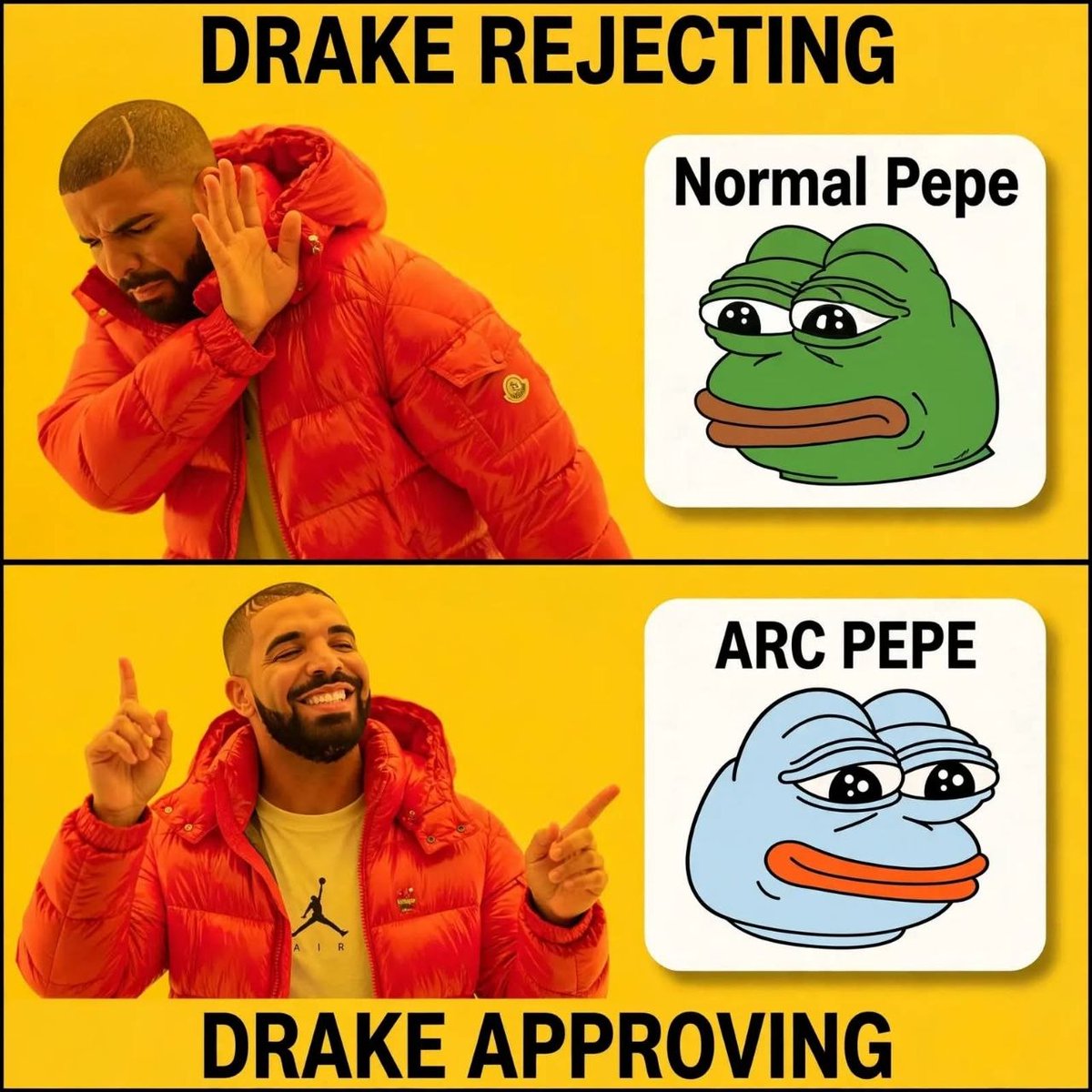 MoontoshiX's tweet photo. Drake knows the upgrade. 
Normal Pepe ❌ 
ArcPepe ✅ https://t.co/dhe24Lu0UF