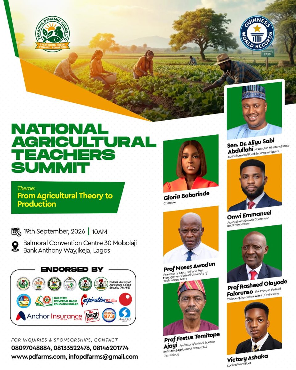 pdfarms_48's tweet photo. THE FUTURE OF AGRICULTURE WILL NOT BE BUILT ON THEORY ALONE. 🌱
The biggest Agricultural gathering. 
FROM AGRICULTURAL THEORY TO PRODUCTION 
📅 19 Sept | 10AM
📍 Balmoral, Ikeja
💻 Virtual participation across 22 states
FREE. Registration compulsory.
👉🏽 Register now: Link in bio. https://t.co/Oy7dveOJ04