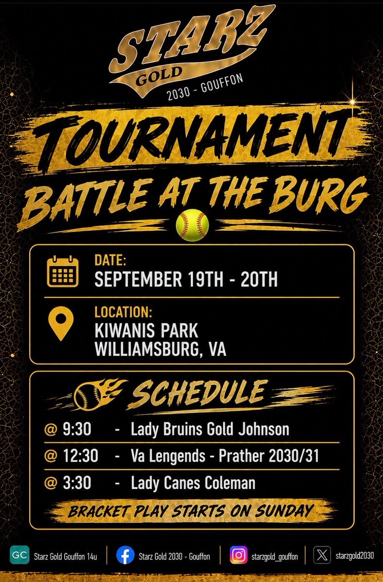 StarzGold2030's tweet photo. 🥎 Tournament weekend is here!
Ready to compete, learn, and keep getting better. Check out our schedule below. 🖤💛
#StarzGold #FallBall https://t.co/s0F1scnUCL