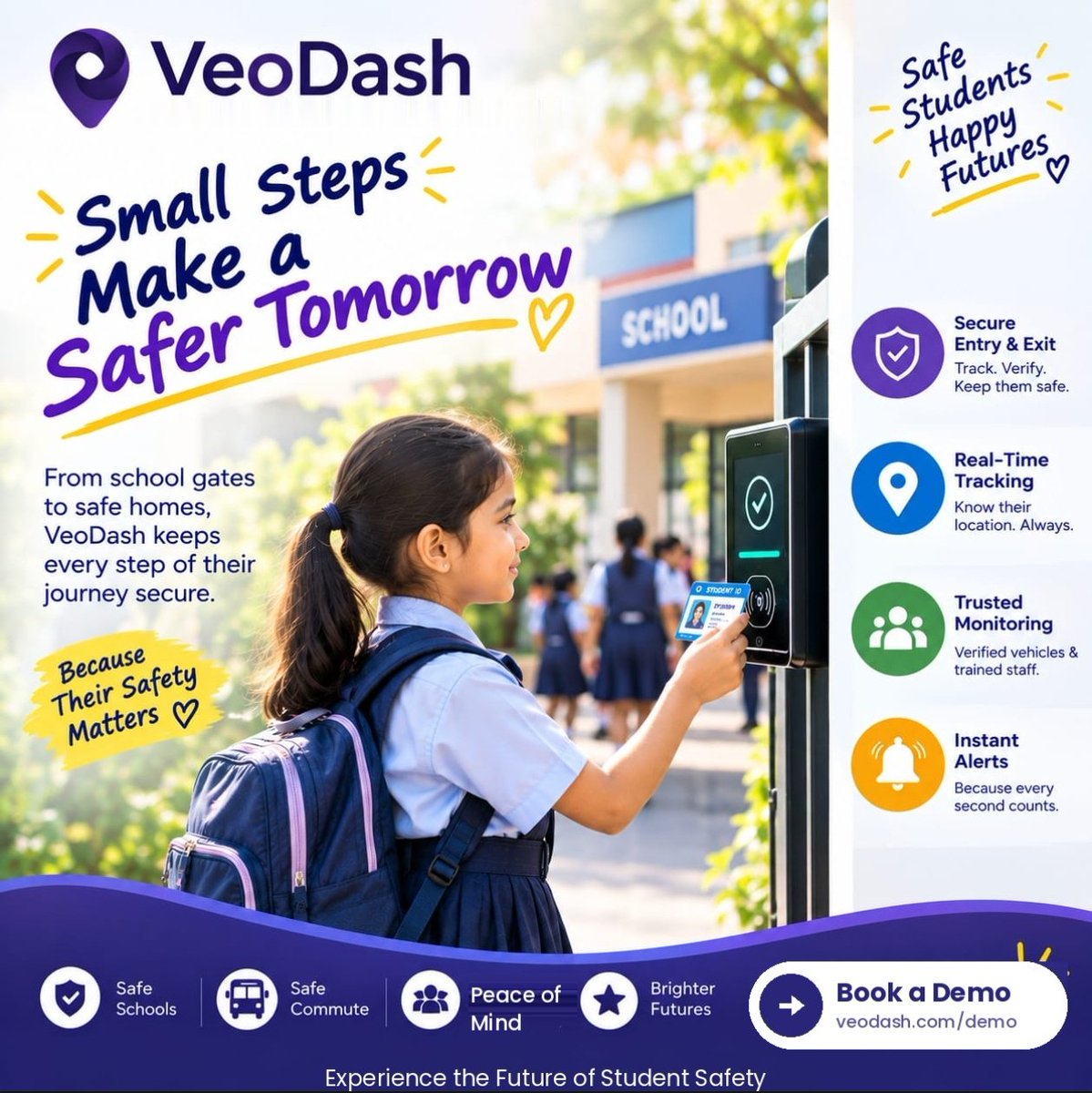 VeoDash's tweet photo. Every journey matters. Every second counts. 💜
From secure school entry to real-time tracking and instant alerts, VeoDash is helping create a safer journey for every student.
Small steps. Safer tomorrows.
#VeoDash #StudentSafety #SchoolSafety #SafeCommute https://t.co/Q0pbLG5jzR