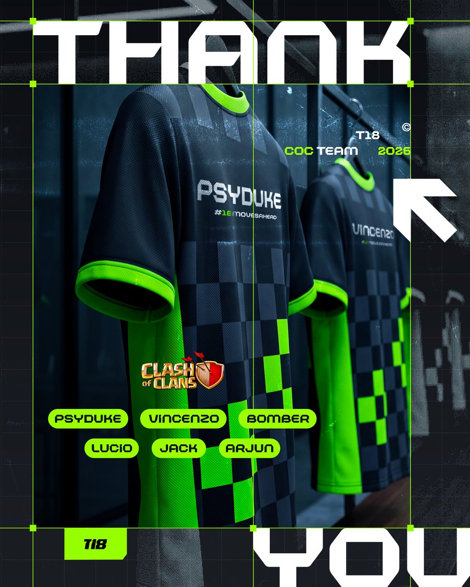 t18team's tweet photo. 🏁 That’s a wrap on our CoC season.

Thank you to our players, staff and everyone who supported us throughout the season. ❤️

GGs to everyone we faced. 🤝

More announcements coming soon. Stay tuned. 👀

#18MovesAhead💚🖤 https://t.co/qyiUVWgyZk