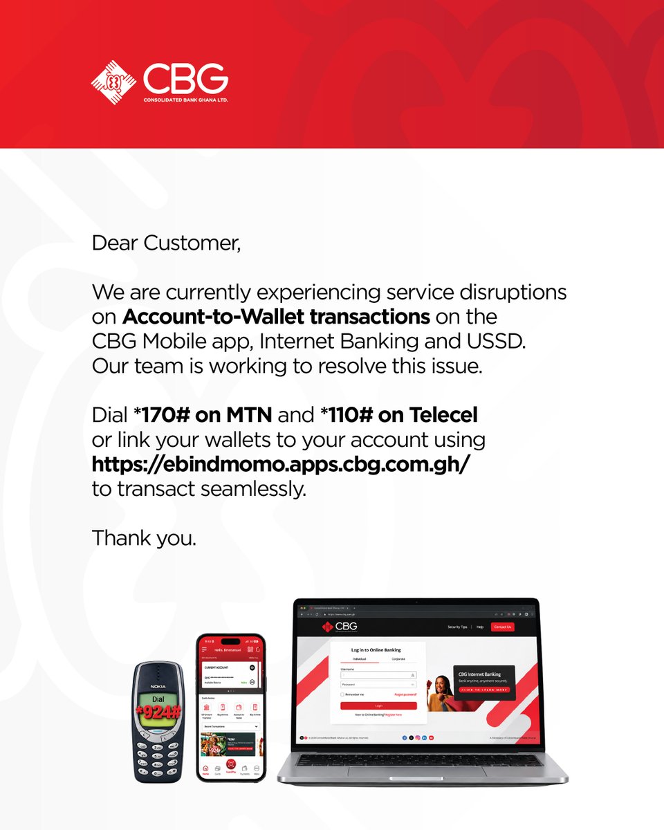 CBGBankLtd's tweet photo. 🚨 Service Update

We’re currently experiencing service disruptions affecting Account-to-Wallet transactions on the CBG Mobile App, Internet Banking and USSD.

While our team works to resolve the issue, you can link your wallet to your CBG account via: https://t.co/gQFL9S88Lv

We apologise for the inconvenience and appreciate your patience.

#WeStandWithYou