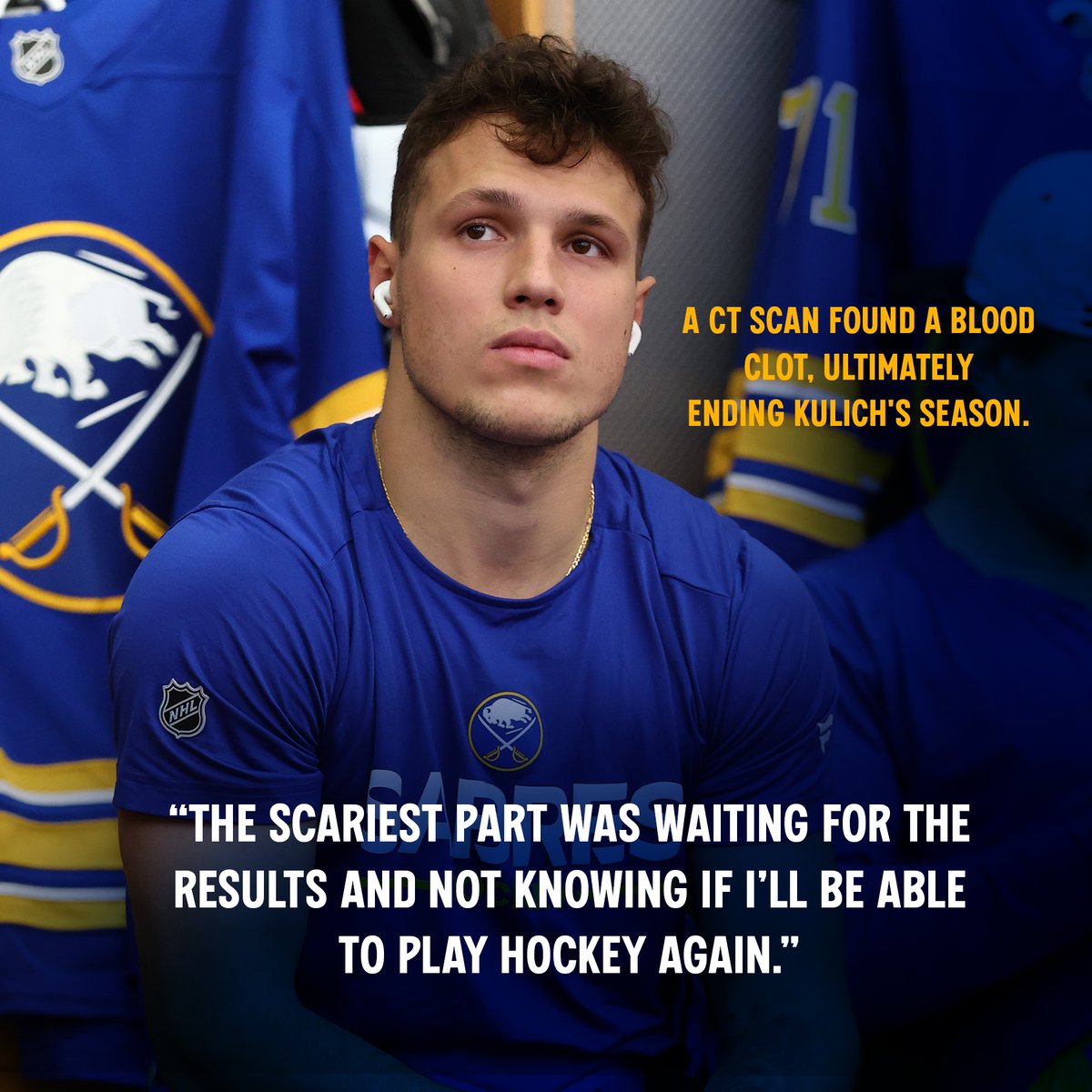 BuffaloSabres's tweet photo. Last year, a blood clot ended Jiri Kulich’s season. 

What followed was a journey filled with doubt and fear about his future.

Now, fully healthy and cleared to play hockey again, Jiri pulls back the curtain on his recovery. Read his full story → https://t.co/DamJfsDm6z