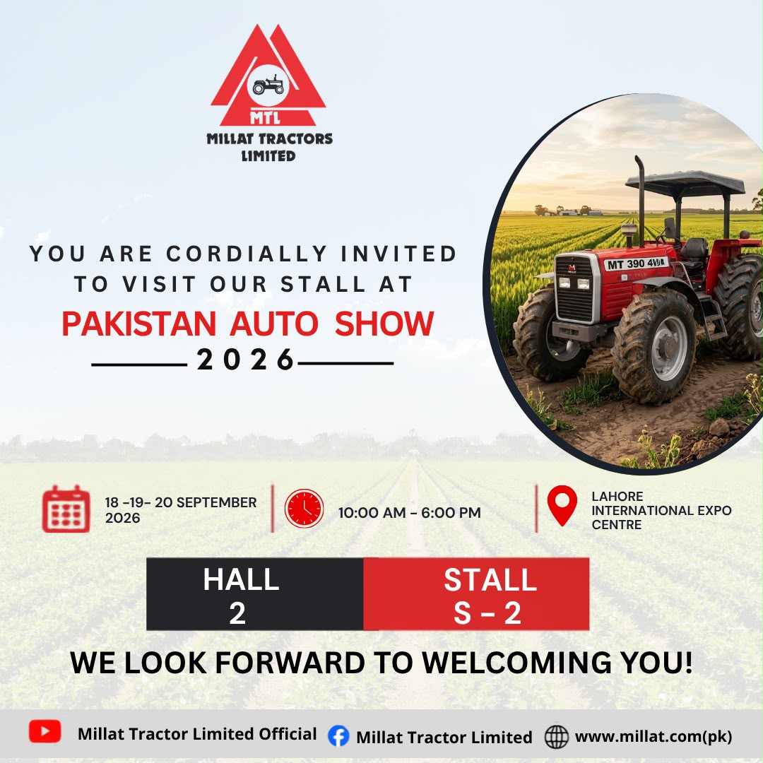 _Millattractors's tweet photo. 🚜 Get ready to experience the power, innovation, and legacy of Millat Tractors Limited LIVE!
We are thrilled to invite you to the Pakistan Auto Show 2026, where we will be showcasing our latest technology, powerful machinery, and agricultural solutions designed to drive our https://t.co/3frNXnLj6S