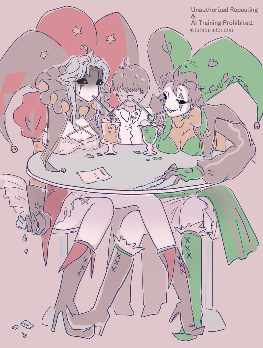 furafuradondon's tweet photo. happy poly family ⭐️💚
sapphic🩷🤍🩷
#thefreakcircus 
#Pierrot #Harlequin 🍏 https://t.co/lTByHTGEu7