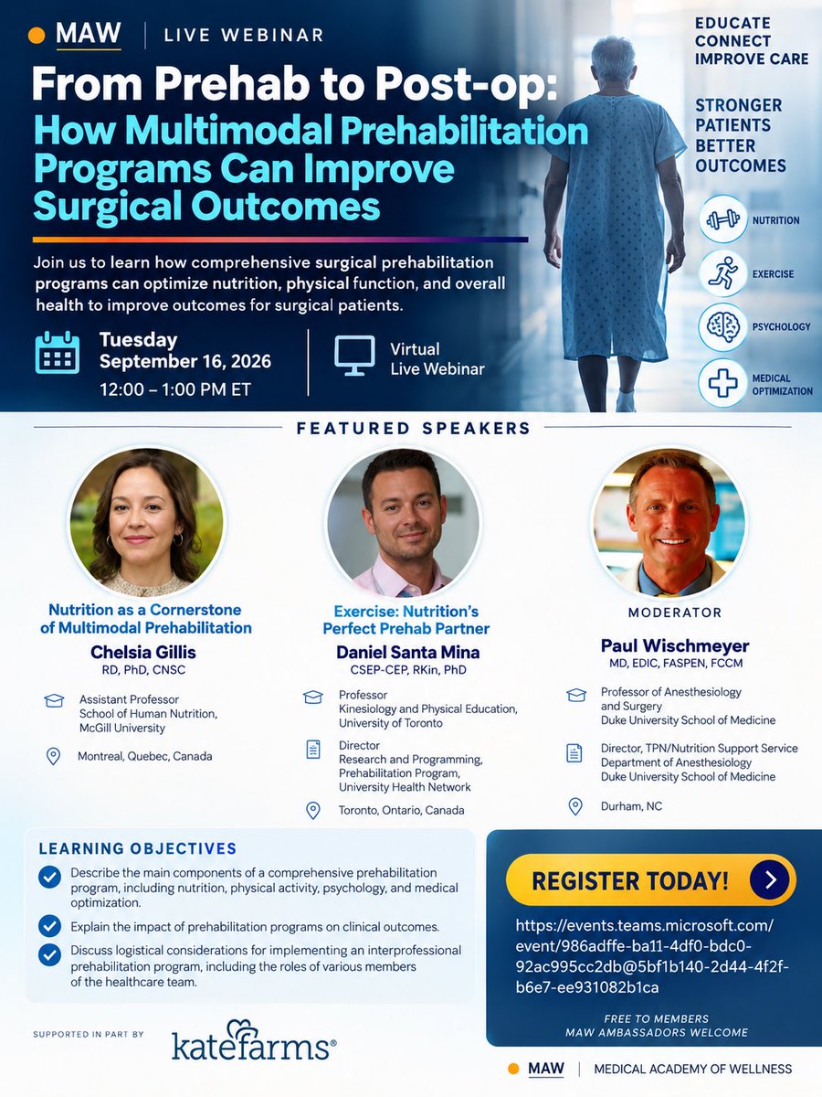 Paul_Wischmeyer's tweet photo. Join us TODAY at 12 PM ET for a live @aspenweb webinar on how multimodal prehabilitation can improve surgical outcomes.

Essential discussion for RDs, physicians, APPs &amp; surgical/rehab teams: nutrition + exercise + multidisciplinary prehab.

Register: https://t.co/bwdlITj1C0 https://t.co/vMwkY8EGH7