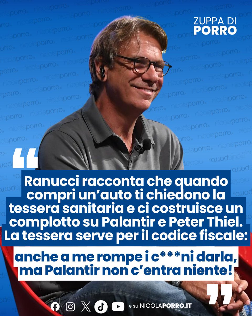 NicolaPorro's tweet photo. Ranucci racconta che quando compri una macchina ti chiedono la tessera sanitaria e ci costruisce dietro un complottone tirando dentro Palantir e Peter Thiel. Ma in realtà serve solo perché lì c’è il codice fiscale: non significa che qualcuno possa vedere le tue malattie o accedere al fascicolo sanitario. Anche a me rompe i c***ni doverla dare, ma Palantir non c’entra un fico secco. Qui mi sa che siamo nel mondo della mitomania. #zuppadiporro