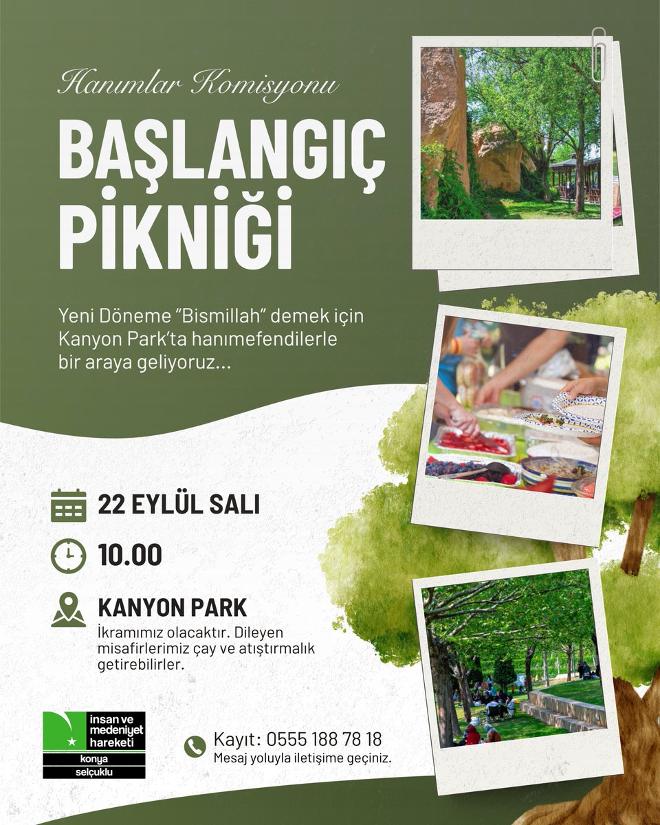 imhselcuklu's tweet photo. İMH Selçuklu Temsilciliği Hanımlar Komisyonu olarak yeni döneme çok yakında bismillah diyoruz.
Bu vesileyle başlangıç pikniğinde bir araya geliyoruz. Tüm hanımefendileri bu güzel birlikteliğe ve paylaşıma ortak olmaya davet ediyoruz.🍃

📆 22 Eylül Salı
⏰ 10.00
📍 Kanyon Park https://t.co/kkcISWnQyv