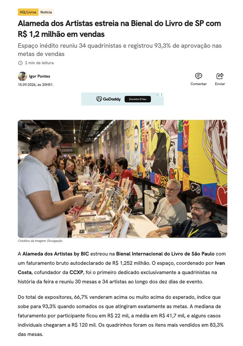 Ivan_Costa's tweet photo. A Alameda dos Artistas da @bienaldolivrosp  veio para ficar! 📖

Foi um dos espaços mais visitados do evento, e o sucesso também se refletiu nas vendas: foram impressionantes R$ 1,252 milhão, segundo pesquisa realizada com os artistas participantes. Em muitas mesas, os produtos chegaram a esgotar e precisaram ser repostos várias vezes ao longo do evento.

Mais do que os números, porém, a Alameda foi uma oportunidade de apresentar a produção brasileira de histórias em quadrinhos a um público novo e ávido por leitura. Outro indicador desse alcance é que vários artistas registraram um aumento significativo no número de seguidores em suas redes sociais.

Quadrinistas também participaram de diversos painéis da programação oficial. Registro aqui um agradecimento especial aos queridos curadores @talitafacchinii  (Papo de Mercado) e @LeoNeto (Arena Cultura) pela parceria.

Para Sevani Matos, presidente da Câmara Brasileira do Livro, o espaço reconhece a importância das HQs para o mercado: “A Bienal do Livro sempre foi o reflexo da diversidade literária do nosso país, e os quadrinhos são hoje um dos pilares mais vibrantes e criativos do nosso mercado editorial.”

Agradeço novamente à querida Sevani Matos e a toda a diretoria da @CBL_oficial  pela honra de ter sido o primeiro curador de quadrinhos da Bienal Internacional do Livro de São Paulo, em uma edição histórica por muitos motivos, entre eles o fato de ter sido a primeira a contar com uma área oficial dedicada às HQs.

E isso é apenas o começo.

Quadrinhos para todos, em todos os lugares!

Release completo no @omelete . Link abaixo!

#QuadrinhosNaBienal

https://t.co/7vwkSktcGL