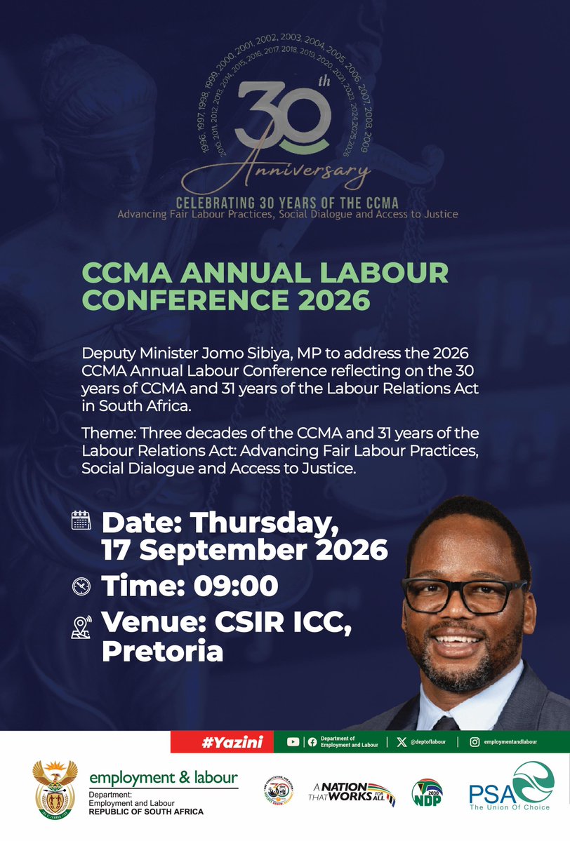 DmJomo's tweet photo. [Happening Tomorrow] We will deliver an address to the CCMA Annual Labour Conference of 2026 on behalf of the Department of Employment and Labour reflecting on the three decades of the institution and the LRA. 

@GovernmentZA @CCMA_SA
#CCMALabourConference2026 #LabourRelation #TowardsLabourPeace #Yazini #GovtUpdateZA #ServiceDelivery #HaretageMonth2026