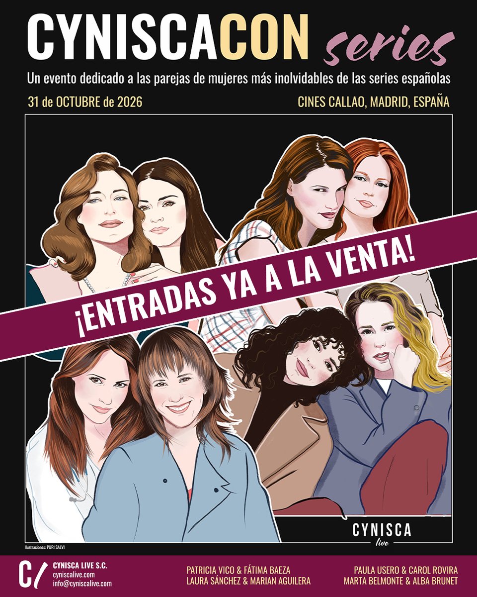CyniscaLive's tweet photo. 🎟️ ENTRADAS YA A LA VENTA

¡¡Hoy empieza el camino hacia CYNISCACON SERIES!!

⚠️ Recuerda: La venta se realiza de forma escalonada desde este enlace
🔗https://t.co/os9pFZZbdX

Cada bloque de actrices tiene su hora de apertura de venta de entradas (horario de Madrid):

⏰ A partir de las 16:00h - Entradas  Patricia Vico & Fátima Baeza

⏰ A partir de las 17:00h - Entradas Laura Sánchez & Marian Aguilera

⏰ A partir de las 18:00h -  Entradas Paula Usero & Carol Rovira

⏰ A partir de las 19:00h -  Entradas Marta Belmonte & Alba Brunet

Tienes dos tipos de entrada disponibles por cada bloque:

📸 Entrada VIP: Entrada exclusiva para Fan Benefits: Private Talk (charla privada) - Foto 2:1 (foto contigo y las dos actrices) - Primeras filas del cine - Photocard del panel firmada por las dos actrices - Photocard del cartel del evento - Panel Q&A Coloquio

🎤 Entrada General: Panel Q&A Coloquio - Photocard del cartel del evento

La entrada VIP lleva incluido el Panel Q&A, no tienes que comprar los dos tipos de entrada.

🚨 IMPORTANTE:

-No necesitarás registrarte previamente ni tener un usuario

-El límite de compra es de 4 entradas por persona. Deberás facilitar nombre, apellido(s), país y correo electrónico de cada asistente al evento. Estos datos también se utilizarán para los fan benefits. Estos no podrán transferirse, cederse ni revenderse.

-Las entradas no admiten cambios ni devoluciones una vez adquiridas. Sólo se reembolsará el importe en caso de cancelación del evento.

-Puedes comprar para unos bloques entrada VIP si quieres fan benefits y para otros entrada general si solo quieres asistir al Panel Coloquio.

¿Nos vemos en Callao el 31 de Octubre? Te esperamos! 👀

#CyniscaCon #CyniscaConSeries #SeriesEspañolas #FanMeeting