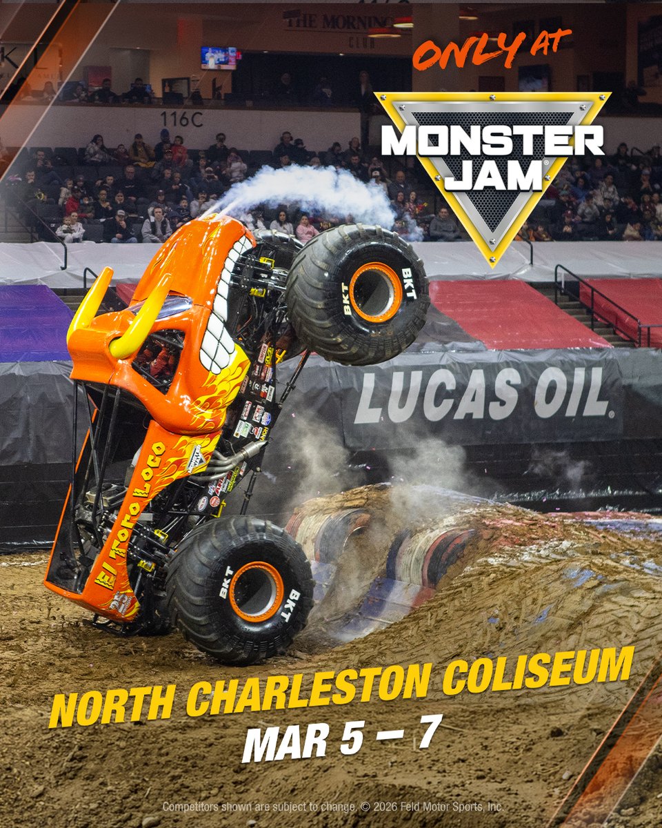 NChasColiseum's tweet photo. PRESALE ALERT 💥 Monster Jam is coming to the North Charleston Coliseum on March 5–7, 2027, and you can reserve your tickets now during the presale. Use code GRND27 now at https://t.co/9mIIHE5tEb. 🎟➡ https://t.co/dr0og2ayrm https://t.co/FWmpu00DS8