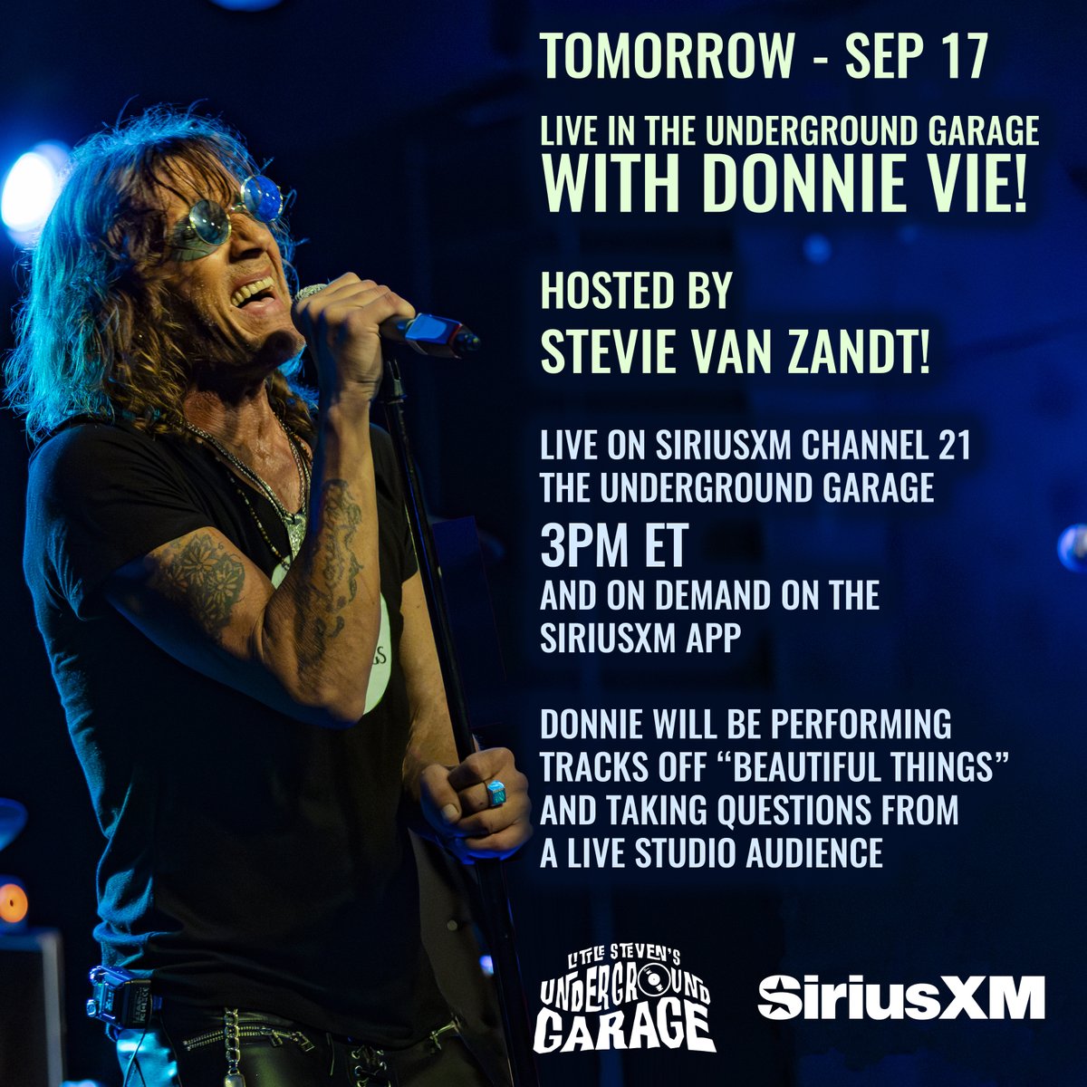littlesteven_ug's tweet photo. Join us TOMORROW - Sep 17 Live in the The Underground Garage with a live performance from Donnie Vie! Hosted by Stevie Van Zandt! Live on SiriusXM Channel 21the Underground Garage 3pm ET and On Demand on the SiriusXM App. https://t.co/BhcDssVfNy