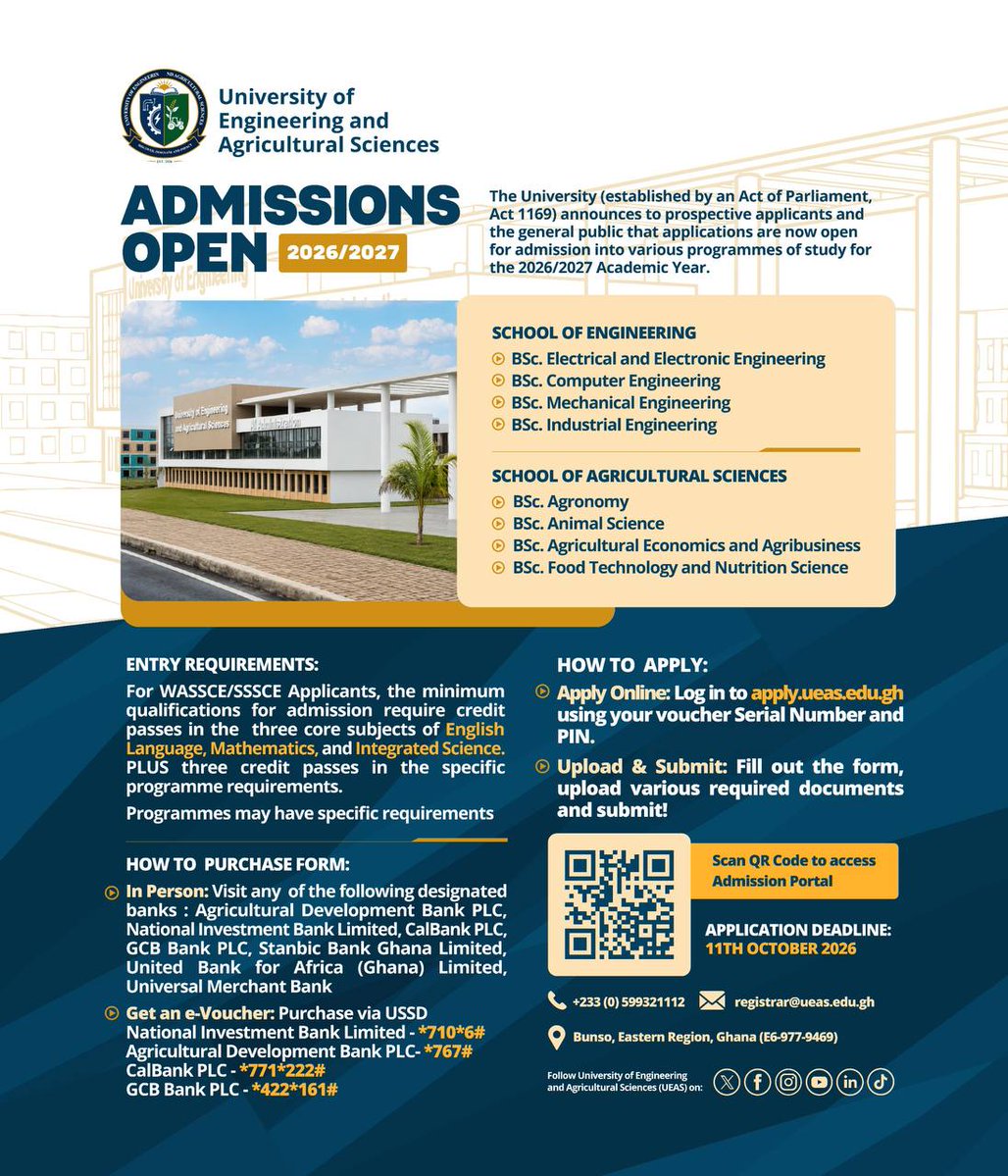 UEAS_Ghana's tweet photo. Admissions are officially open at UEAS! 
Build an industry-ready career at the intersection of engineering and modern agriculture.
Check out the flyer below for programs &amp; requirements.

Apply today: https://t.co/kGfasvxf3u

#UEAS #Engineering #Agriculture #Admissions https://t.co/zRYDsUbLAF