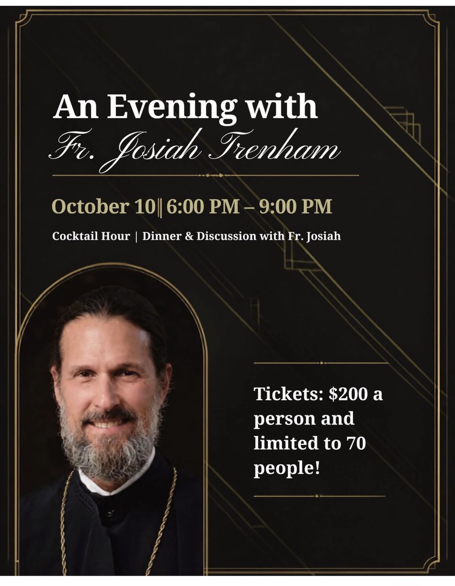 Melbasofl's tweet photo. Appetizers, Drinks, and a chance to speak to Fr Josiah Trenham for the low low price of $200.00 https://t.co/2QxYZbhnVa