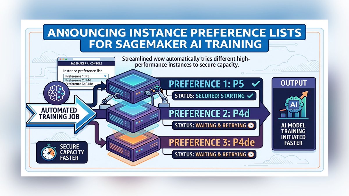 _roshan_pr_'s tweet photo. SageMaker AI training jobs now can try preferred GPU types in order: start on the first fit, or wait and retry if it is busy. That means less manual hunting for P5, P4d, or P4de capacity. #AWS #SageMakerAI https://t.co/mHbMm3ObqX