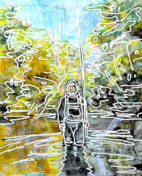 青と緑の自然風景に、白い線で描かれた人物と輪郭が重なるMASAYA NAKAYAMAの縦長作品。