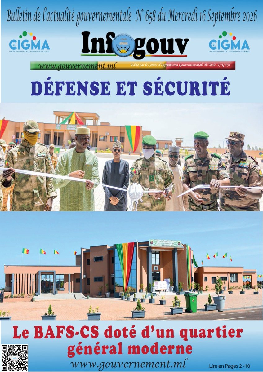 Gouvernememali's tweet photo. #CIGMA #INFO #INFO_GOUV
La Une de votre bulletin quotidien de l'actualité gouvernementale du mercredi 16 septembre 2026.
À lire sur https://t.co/j46sXVITVF
#CIGMA https://t.co/w0B9tSXCtK