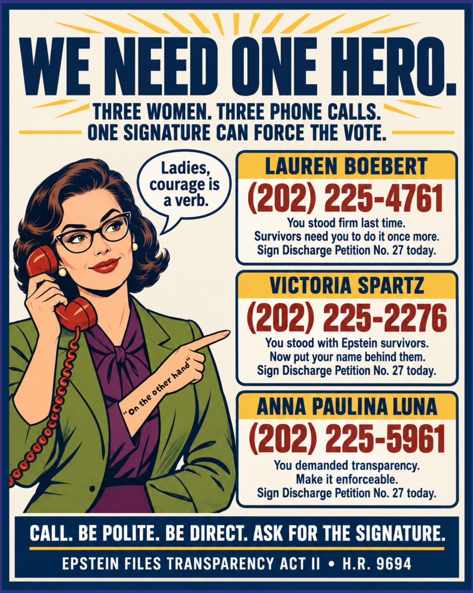 bmoreviachicago's tweet photo. @RepThomasMassie How about calling one of these three women to be a hero today!!!!!
#smokefleet #nafo #fella #badactors #usa
@laurenboebert @Victoria_Spartz @realannapaulina Sign Discharge Petition Number 27 today!!!
Do it for all victims of trafficking and abuse! 🫡🇺🇸 https://t.co/FUJyUglTjp