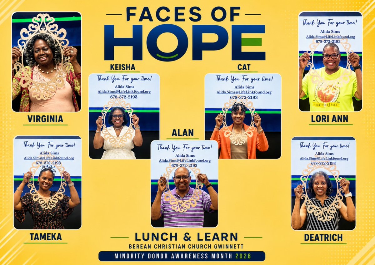 LifeLinkGA's tweet photo. LifeLink of Georgia was proud to host the Faces of Hope Lunch &amp; Learn at Berean Christian Church Gwinnett! Our Faces of Hope shared how they prioritize healthy living and practice self-care in their everyday lives, creating meaningful conversation around health &amp; wellness. https://t.co/tQtYXoA0Mt