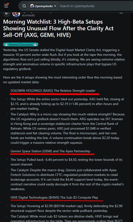 twsockwell's tweet photo. AXG IS SHOWING UP AS THE RELATIVE-STRENGTH NAME
A new r/pennystocks watchlist highlights Solowin Holdings ($AXG) alongside GEMI and HIVE following the CLARITY Act sell-off
The setup they're watching: $2.20 breakout, with AXG showing unusual relative strength while the broader digital-asset sector has been under pressure
Add the bigger Solowin story - $1.04B stablecoin + fiat trading volume, RWA tokenization and AI/HPC expansion - and there’s a lot to watch here