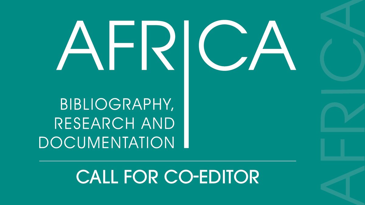 Teal background with the text "AFRICA BIBLIOGRAPHY, RESEARCH AND DOCUMENTATION" and "CALL FOR CO-EDITOR" in white lettering. The word "AFRICA" is vertically repeated along the right side.
