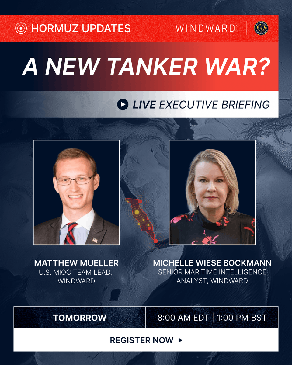 WindwardAI's tweet photo. Tomorrow, Windward's MIOC analysts brief live on the Hormuz closure and the threat to Bab el-Mandeb, the Gulf's other exit.

On the agenda are anchorage tanker counts, dark STS activity, U.S. strikes on Iranian tankers, and Gulf crude diversion.

With Matthew Mueller and Michelle Wiese Bockmann (@Michellewb_).
8AM EDT / 1PM BST / 8PM SGT

Register: https://t.co/6PyWk1ApEw