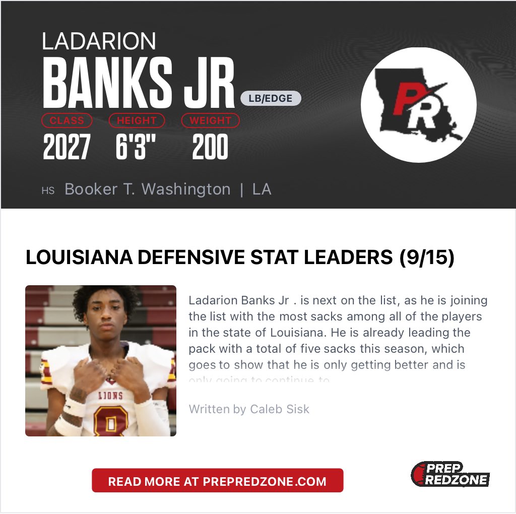 ladarionbanksjr's tweet photo. Thank you @PrepRedzoneLA for including me. Leading the state in sacks feels good, but I’m just getting started. Time to keep stacking. 🦁 we building on Milam street‼️ #stacking #Lions 
@BTW_Lions @CoachGCoop @coach_jay318 @PrepRedzone @CalebSisk_ @N_W_Sports @Youngbullz22 @318preps