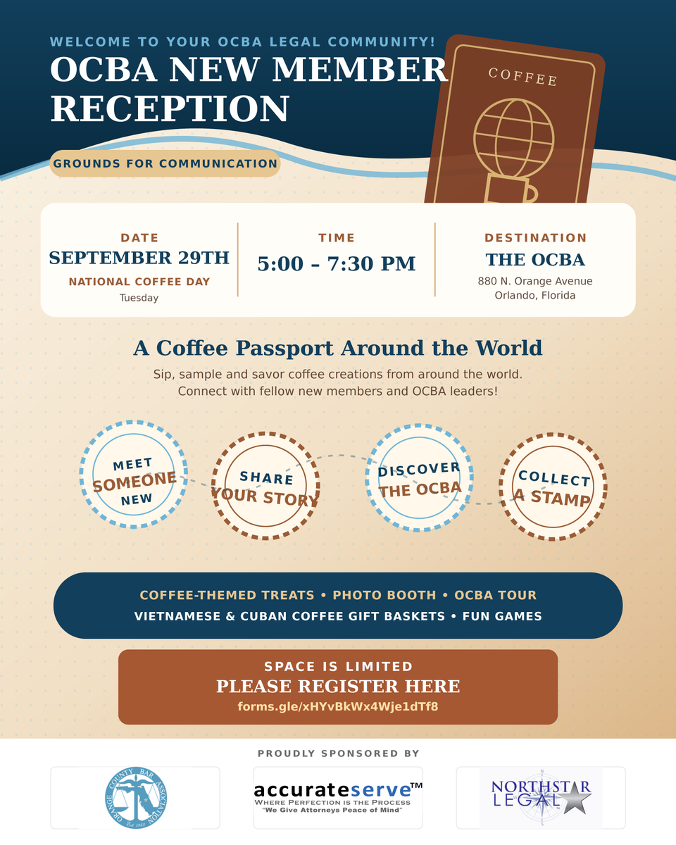 OCBA_FL's tweet photo. New to OCBA? Join us Sept. 29 for our New Member Reception: Grounds for Communication! ☕

Meet fellow new members &amp; OCBA leaders while discovering more of your legal community.

Space is limited!

👉 https://t.co/N7Upa8NxlL

#OCBA #YourCommunityStartsHere https://t.co/7RoXhwJxD8