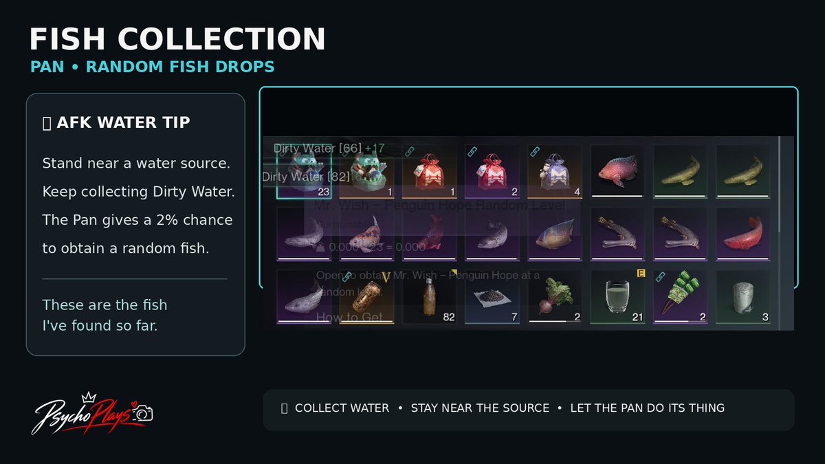 Eiga_psYch022's tweet photo. 🪣🐟 NEW FISH FARMING METHOD IN ONCE HUMAN!

Found this Pan and it comes with a pretty interesting bonus 👀

📍 How to get it:
• Found in Level 30 or lower settlements
• Can also be obtained by killing Rosetta enemies

🪣 Pan bonuses:
• +10% Dirty Water collection
• +10% Sea Water collection
• 2% chance to get a random fish
• Effects don’t stack

💧 Farming tip:
Find a water source → keep collecting water → AFK and let the Pan do its thing.

🐟 These are the fish I've found so far.

Have you discovered any other fish? Drop them below! 👇

@OnceHuman_ @OnceHuman_JP

#OnceHuman #OnceHumanCC #OnceHumanMobile #gaming #openworld #VPLab #VPHiddenGems #VPCONTEXT #VPGamers #VirtualPhotography #ワンスヒューマン
