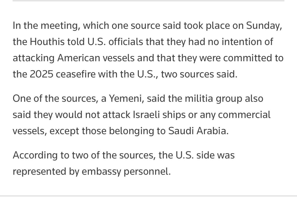 HibaNasr's tweet photo. ‼️ This paragraph from Reuters story on the meeting between US and Houthis stands out:

The Houthis told US officials that they had no intention of attacking American vessels or Israeli ships. https://t.co/wwR7ZuU1fM