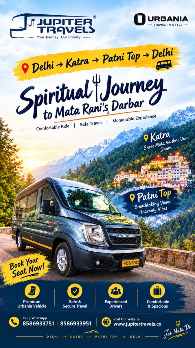 Vimaljupiter's tweet photo. Your spiritual journey starts here! 🚌✨

📞 Call / WhatsApp: 8586933751 | 8586933951

🌐 https://t.co/Ea8UErRC5V
#JupiterTravels #DelhiToKatra #KatraTrip #PatniTop #VaishnoDevi MataVaishnoDevi JaiMataDi DelhiKatra https://t.co/oj4ApuHMf8