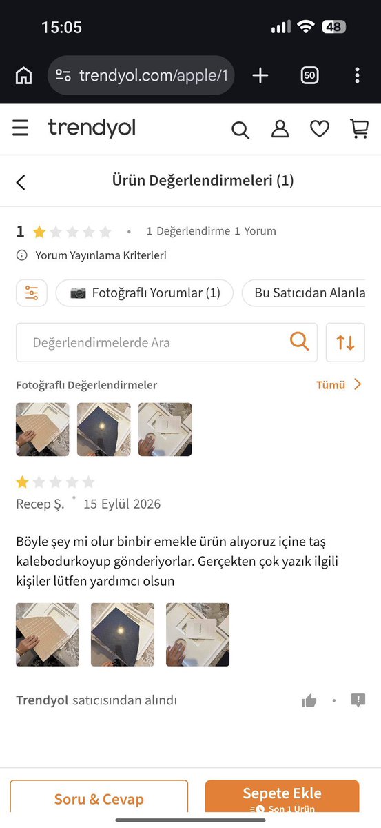 haskologlu's tweet photo. Trendyol’dan Macbook siparişi veren Sinan Odak isimli vatandaşa mermer yolladılar. 

Müşterinin belirttiğine göre satıcı: Trendyol şirketi. 

Paylaşım sonrasında başka müşterilerin de aynı olayı yaşadığı ortaya çıktı: https://t.co/Jz7mh24BEf