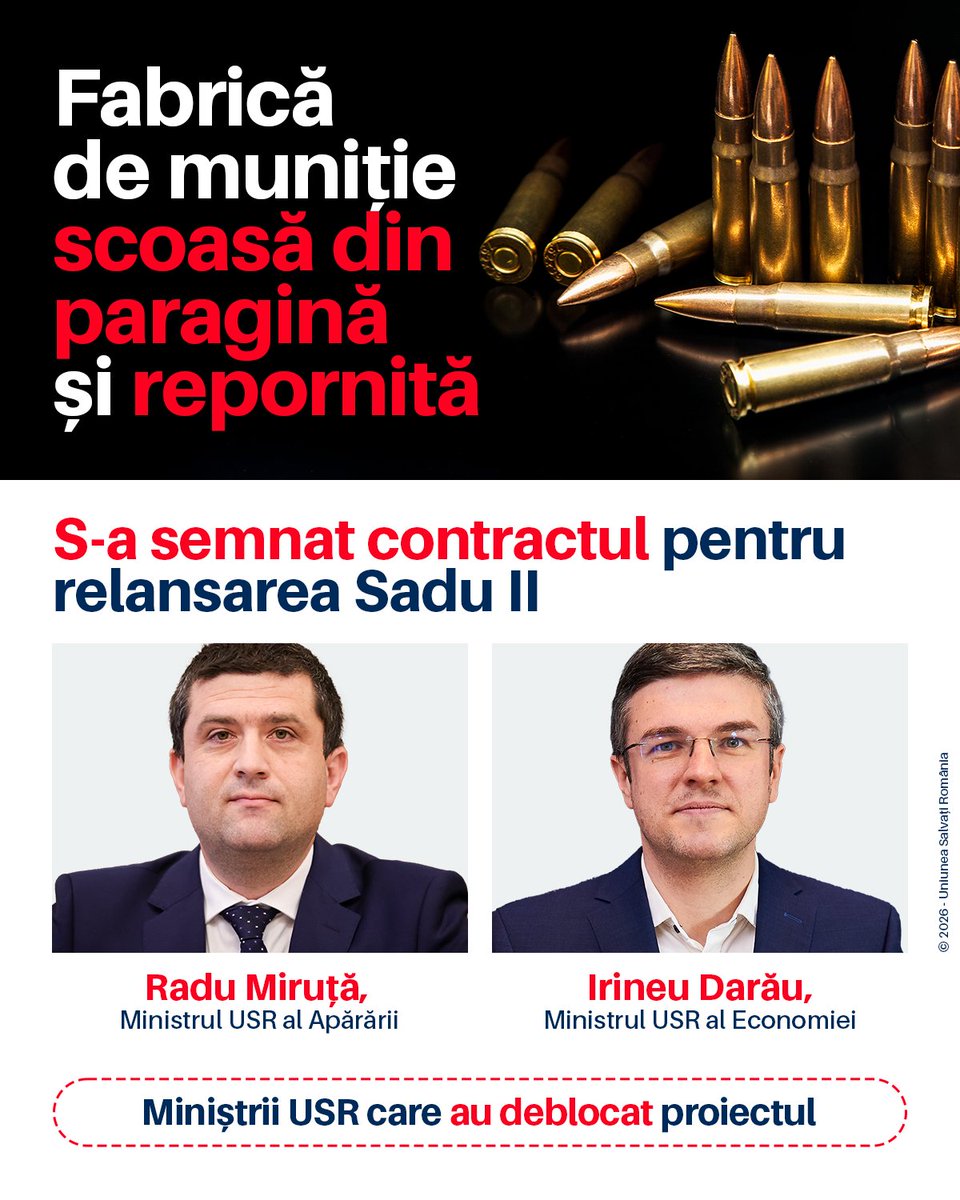 usr_oficial's tweet photo. Pe 15 august, în urmă cu fix o lună, miniștrii USR au promis un investitor nou la Sadu II. Platforma industrială rămasă nefolosită de aproape 20 de ani în care creșteau bălăriile printre liniile de producție. 🌱

👉 Ieri, 15 septembrie, 𝗰𝗼𝗻𝘁𝗿𝗮𝗰𝘁𝘂𝗹 𝗰𝘂 𝗰𝗼𝗺𝗽𝗮𝗻𝗶𝗮 𝗮𝗺𝗲𝗿𝗶𝗰𝗮𝗻𝗮̆ 𝗨𝗦 𝗕𝗮𝗹𝗹𝗶𝘀𝘁𝗶𝗰 𝗱𝗲𝗷𝗮 𝗮 𝗳𝗼𝘀𝘁 𝘀𝗲𝗺𝗻𝗮𝘁. 🇺🇸 În locul unei platforme de 550.000 mp care genera doar costuri pentru stat, vor veni investiții, tehnologie și producție:

✅ 25 de milioane $ investiți în infrastructură în primii cinci ani;
✅ alte zeci de milioane $ pentru tehnologie și echipamente;
✅ aproximativ 1,3 milioane € chirie anuală pentru UM Sadu, plătită în avans și indexată cu inflația;
✅ costurile cu taxele, impozitele și paza vor fi preluate de investitor;
✅ 150 de angajați în primii doi ani, cu o creștere etapizată ulterior;
✅ infrastructura realizată prin investiție rămâne în proprietatea UM Sadu.

‼️ Și foarte important, ca să prevenim atacurile suveraniștilor cu agendă rusească: 𝗦𝗮𝗱𝘂 𝗜𝗜 𝗻𝘂 𝘀𝗲 𝘃𝗶𝗻𝗱𝗲! 𝗥𝗮̆𝗺𝗮̂𝗻𝗲 𝗶̂𝗻 𝗽𝗿𝗼𝗽𝗿𝗶𝗲𝘁𝗮𝘁𝗲𝗮 𝘀𝘁𝗮𝘁𝘂𝗹𝘂𝗶 𝗿𝗼𝗺𝗮̂𝗻! 🇷🇴 Dar, în loc să consume bani, începe să producă valoare.

👉 „România nu trebuie să fie doar cumpărător de muniție și tehnică militară. Trebuie să fim și producători. Să atragem capital, tehnologie și know-how. Să repunem în funcțiune activele industriale pe care statul le deține. Să reconstruim industria românească de apărare”, spune Irineu Darău.

👉 Radu Miruță, ministrul USR care a început proiectul în mandatul său la Economie: „Sadu revine acolo unde îi este locul: în industria de apărare a României.”

Este rezultatul unui proiect început în mandatul lui Radu Miruță la Ministerul Economiei și dus mai departe de actualul ministru USR al Economiei, Irineu Darău. 

O investiție care transformă un activ industrial abandonat într-o capacitate strategică de producție. Din cost, în investiție. Din degradare, în producție.