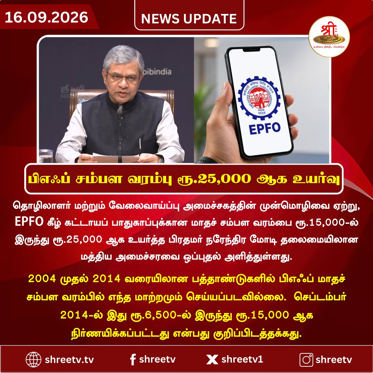 Shreetv_media's tweet photo. பிஎஃப் சம்பள வரம்பு ரூ.25,000 ஆக உயர்வு  

| #newsUpdate | #EPFO | #PF | #PFWageLimit | #PFContribution | #EmployeeBenefits | #LabourMinistry | #CentralGovernment | #UnionCabinet | #NarendraModi | #EmploymentNews | #ShreeTVNews | #ShreeTVUpdate | https://t.co/DQW4L7p6hR