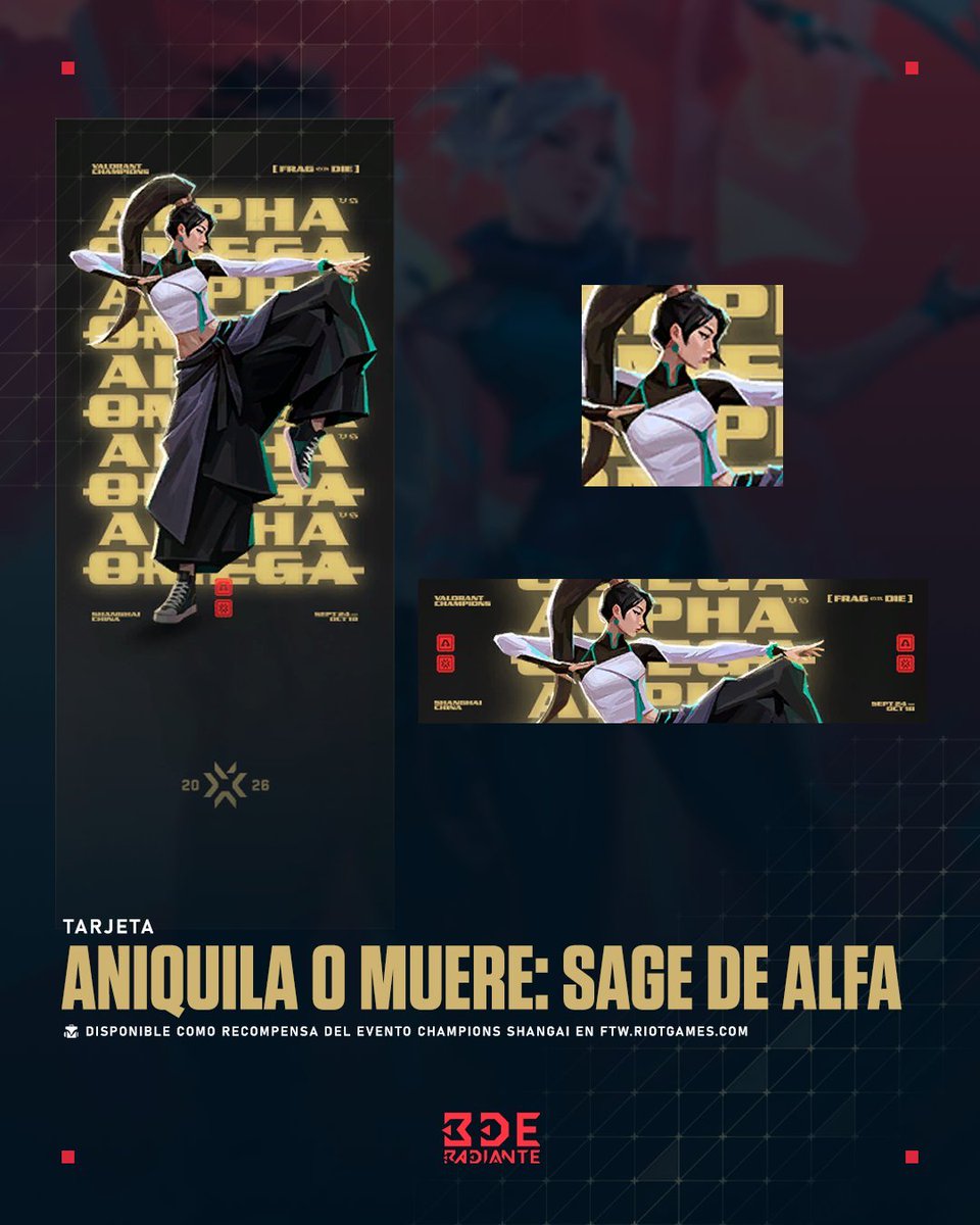 BDERADIANTE's tweet photo. Ya disponible el Evento Conflicto de Campeones: Aniquila o Muere de #VALORANT 🏆

Recompensas:
• Tarjeta «Jade y Veneno»: Elige una facción y juega 3 partidas
• Tarjeta «Aniquila o Muere: Sage de Alfa»: Elige la facción Alfa
• Tarjeta «Aniquila o Muere: Viper de Omega»: Elige la facción Omega
• Spray «Sello Oficial»: Completa 18 misiones del evento
• Título «Irreparable»: Completa 9 misiones del evento

Inicia sesión en la web:
https://t.co/I8TOTSUPEI. Juega partidas y consigue puntos para desbloquear recompensas: