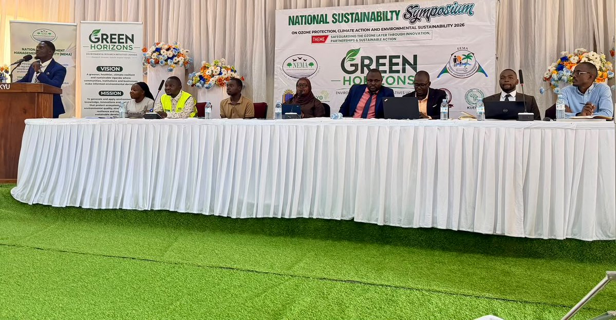 nemaug's tweet photo. NEMA Holds World Ozone Day 2026 – National Sustainability Symposium

The National Sustainability Symposium on Ozone Protection, Climate Action and Environmental Sustainability 2026 was held at Kyambogo University in Kampala, Uganda under the theme “Safeguarding the Ozone Layer through Innovation, Partnerships & Sustainable Action.” 

The event brought together stakeholders from the GreencHorizons Environmental Research Initiatives Uganda, Uganda National Association of Refrigeration and Air Conditioning (UNARA), @giz_gmbh , @HimaCement , academic institutions (including @kyambogou, @Makerere, @UCUniversity and @iuiuac, youth and student groups such as Green African Youth Organisation (GAYO), Makerere University Conservation Biology Association (MUCOBA) and others, alongside civil society partners.

Sessions featured panel discussions, presentations, and addresses focused on practical ways to protect the ozone layer while advancing climate resilience and sustainable development. Participants emphasized environmentally friendly practices in the Refrigeration and Air Conditioning Sector, multi-stakeholder partnerships, community-level action, and student action to support long-term environmental goals in protecting the Ozone layer and climate action.