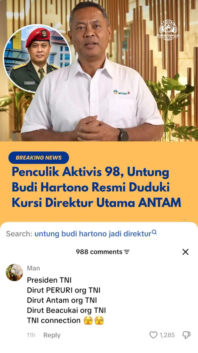 txtdrimedia's tweet photo. dirut BPJS pun purnawiran TNI. di kabinet prabowo-gibran juga banyak yg background TNI bahkan ketua umum esport aja purn TNI :) https://t.co/8ACO9S753X