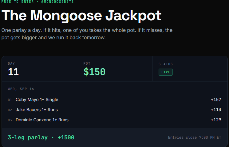 MongooseBets's tweet photo. Day 11:    Pot = $150            
Hits → one of you takes all $150.          
Misses → $160 tomorrow.                    

Repost + follow to enter.       
Full rules: https://t.co/hT0FOHxepO    

Note:  Got these odds on Draftkings using a 30% boost. https://t.co/ypA7YNCVnT