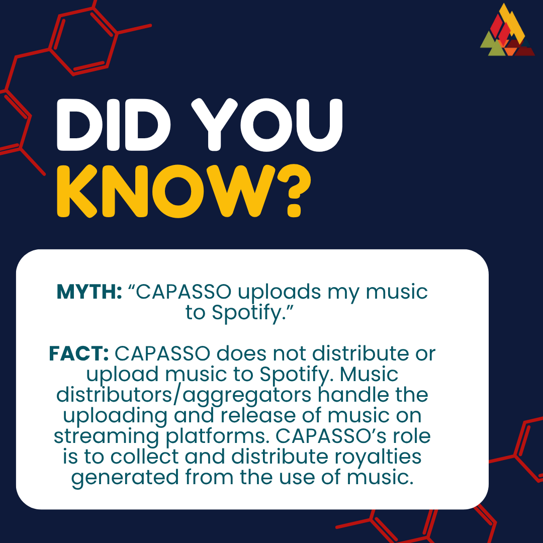 CapassoHub's tweet photo. MYTH: “CAPASSO uploads my music to Spotify.”

FACT: Nope. We’re not your distributor, and we’re definitely not uploading your tracks to Spotify. That’s what music distributors/aggregators are for.

#CAPASSO #MusicRoyalties #MusicIndustry https://t.co/IPgVkvMY0b