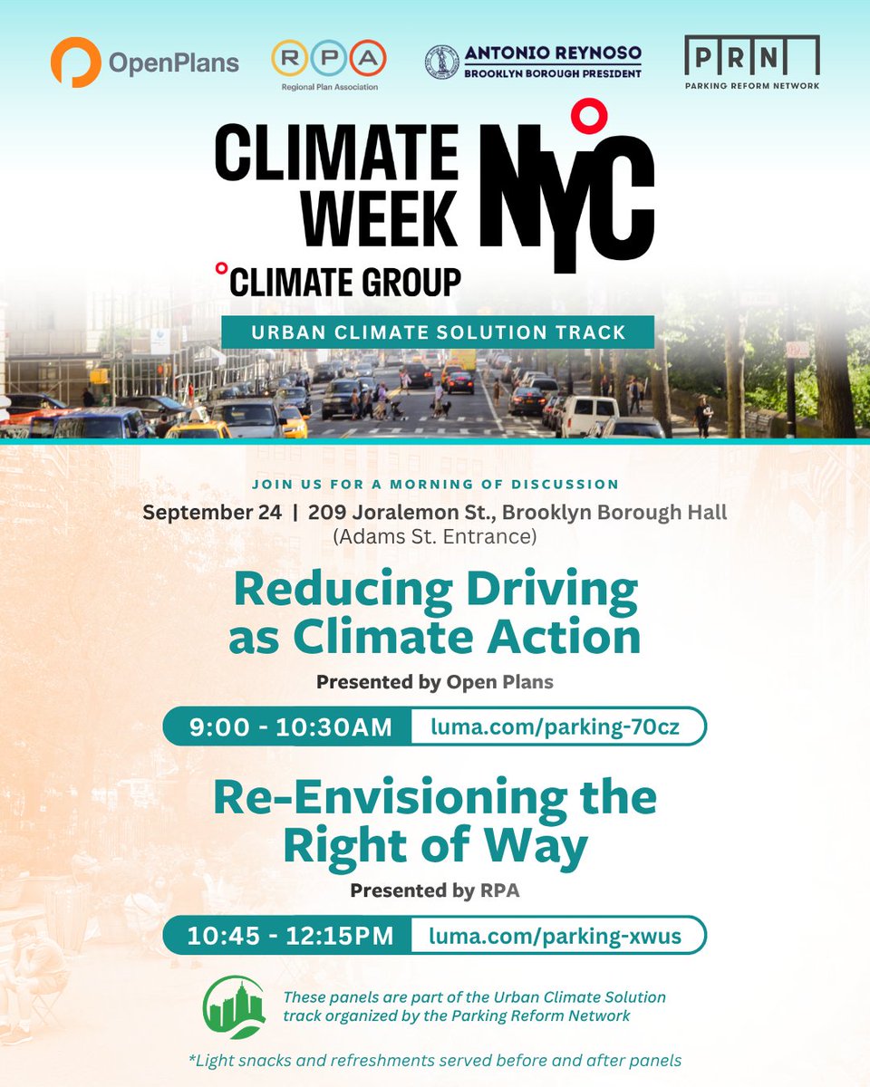 OpenPlans's tweet photo. Cars emit 3.5x more than freight &amp; 13.5x more than buses, despite moving fewer people. They make up 64% of NYC's transportation emissions.

Join our Climate Week panel, Reducing Driving as Climate Action, on policies that cut driving &amp; emissions.

🌎 RSVP: https://t.co/dYdbrkeaPe https://t.co/jVE5Z52d7b