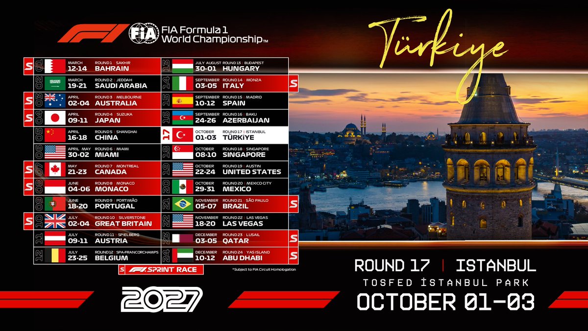 MehmetNuriErsoy's tweet photo. Formula 1’de büyük buluşmanın tarihi belli oldu! 🇹🇷🏁

FORMULA 1 TURKISH GRAND PRIX 2027 için 1–3 Ekim’de TOSFED İstanbul Park’ta buluşuyoruz. 3 Ekim 2027’de dünyanın gözü İstanbul’da, yarışın heyecanı pistte olacak!

Cumhurbaşkanımız Sayın @RTErdogan’ın liderliğinde ülkemize yeniden kazandırdığımız Formula 1’de, yarış takviminin açıklanmasıyla biz de hazırlıklarımızda vites yükseltiyoruz.

İstanbul’umuzun tarihini, kültürünü, gastronomisini ve yaşam tarzını Formula 1’in küresel etkisiyle buluşturacak projeleri hayata geçirecek; bu büyük organizasyonun spor turizmine ve şehrimizin ekonomisine katkısını artıracağız.

Bakanlığımız ile Gençlik ve Spor Bakanlığımızın destekleri, TOSFED’in uzun yıllara yayılan çalışmalarıyla yeniden takvime giren İstanbul Park, 2027–2031 yılları boyunca Formula 1’e ev sahipliği yapacak.

Dünyanın dört bir yanındaki Formula 1 tutkunlarını, iki kıtayı buluşturan İstanbul’un eşsiz atmosferini yaşamaya davet ediyorum.