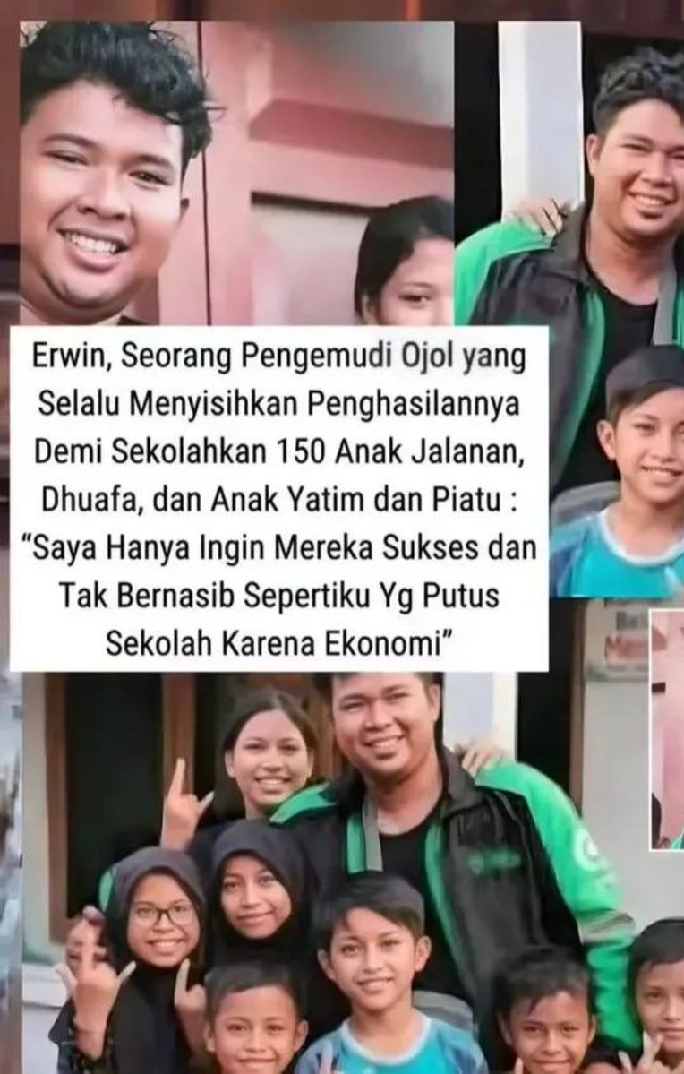 LiaAfri03881071's tweet photo. respect bang ojol semoga berkah dan bermanfaat bagi anak anak yatim jalanan 🤲☝️🇮🇩 Di bawah terik matahari yang membakar dan guyuran hujan yang tak kenal ampun, Mas Erwin setiap hari menapaki jalanan untuk mencari rezeki. Di tengah panasnya aspal dan hingar-bingar kota, ia membawa sebuah misi yang mulia: membuktikan bahwa peduli tidak harus menunggu berkelimpahan harta. Sebagai seorang pengemudi ojek online, Mas Erwin sepenuhnya paham bagaimana rasanya terjebak di jalan buntu.