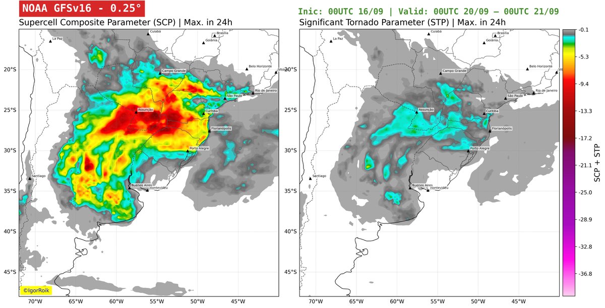 Igor__Roik's tweet photo. Um novo round de tempo severo a frente?
Dados processados do modelo GFS para domingo e segunda-feira próximos indicam alto risco de severidade nas condições meteorológicas na faixa oeste do Sul e áreas de SP e MS. 
Risco elevado também na Argentina e Paraguai. https://t.co/j1NmuctIRn